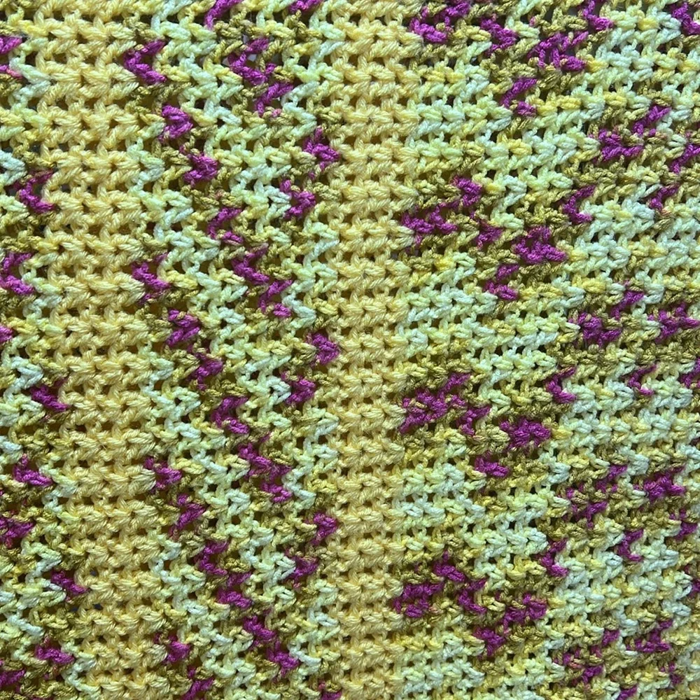 82” x 45” Hand Knit Throw Blanket Soft Yellow Purple